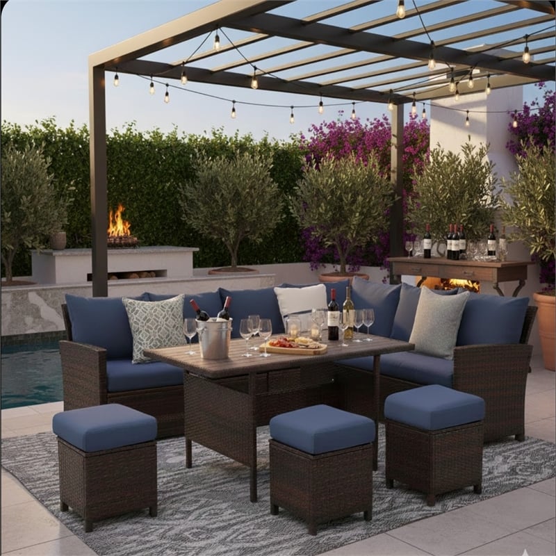 7 Piece Wicker Patio Dining Set 9-Seat Outdoor Sectional Blue Cushions Sofa