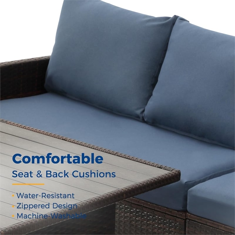 7 Piece Wicker Patio Dining Set 9-Seat Outdoor Sectional Blue Cushions Sofa