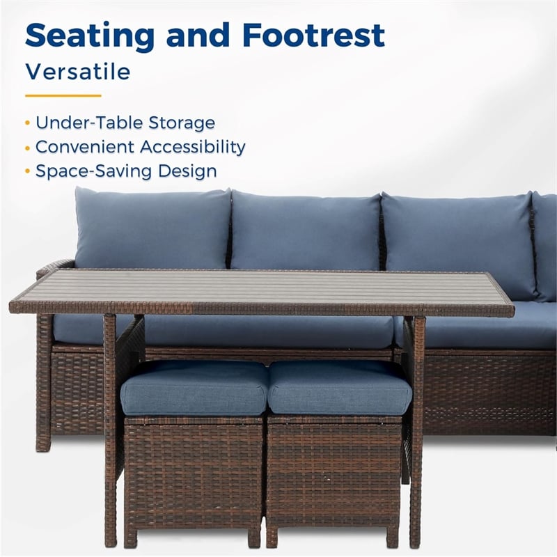 7 Piece Wicker Patio Dining Set 9-Seat Outdoor Sectional Blue Cushions Sofa