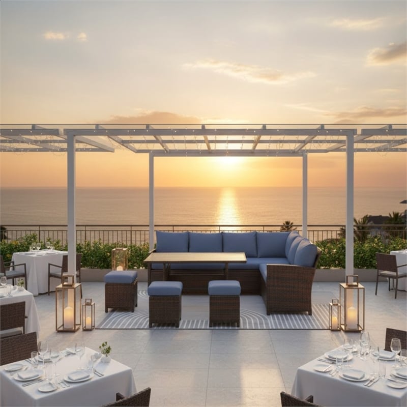 7 Piece Wicker Patio Dining Set 9-Seat Outdoor Sectional Blue Cushions Sofa