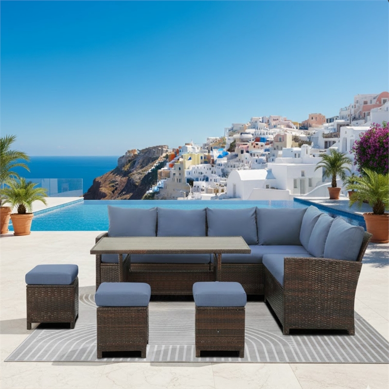 7 Piece Wicker Patio Dining Set 9-Seat Outdoor Sectional Blue Cushions Sofa