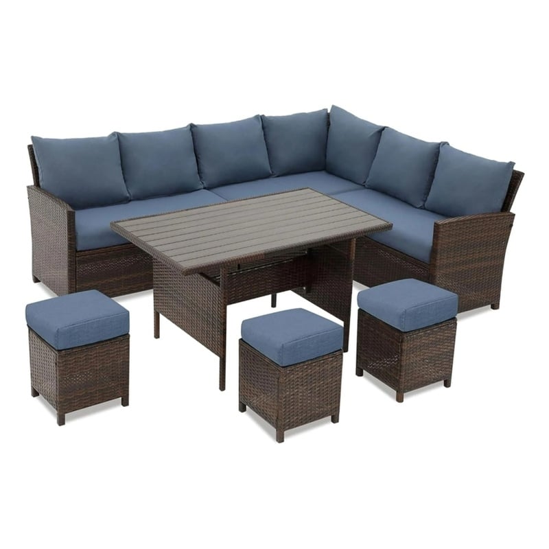 7 Piece Wicker Patio Dining Set 9-Seat Outdoor Sectional Blue Cushions Sofa