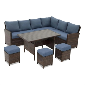 7 Piece Wicker Patio Dining Set 9-Seat Outdoor Sectional Blue Cushions Sofa