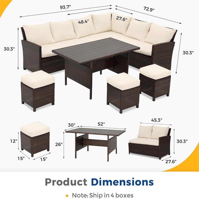 7 Piece Wicker Patio Dining Set 9-Seat Outdoor Sectional Ivory Cushions