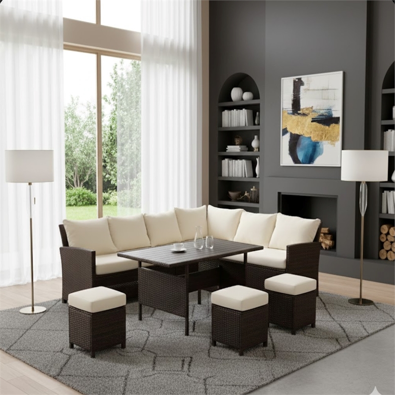 7 Piece Wicker Patio Dining Set 9-Seat Outdoor Sectional Ivory Cushions