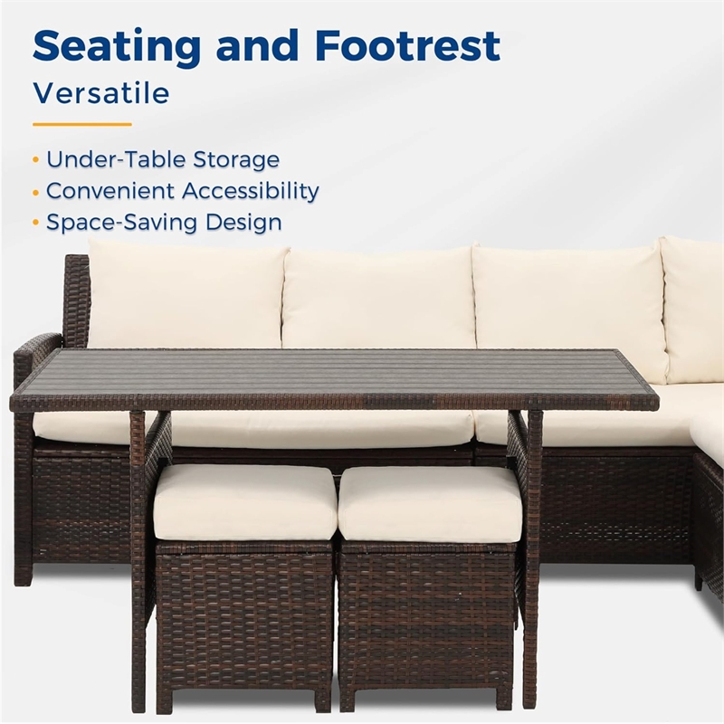 7 Piece Wicker Patio Dining Set 9-Seat Outdoor Sectional Ivory Cushions
