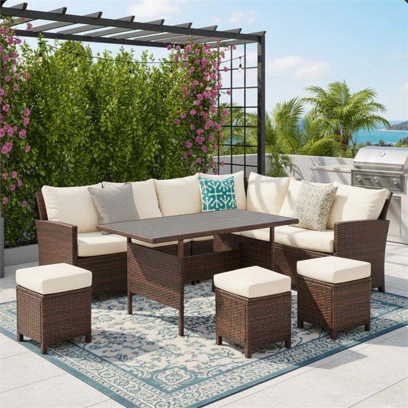 7 Piece Wicker Patio Dining Set 9-Seat Outdoor Sectional Ivory Cushions