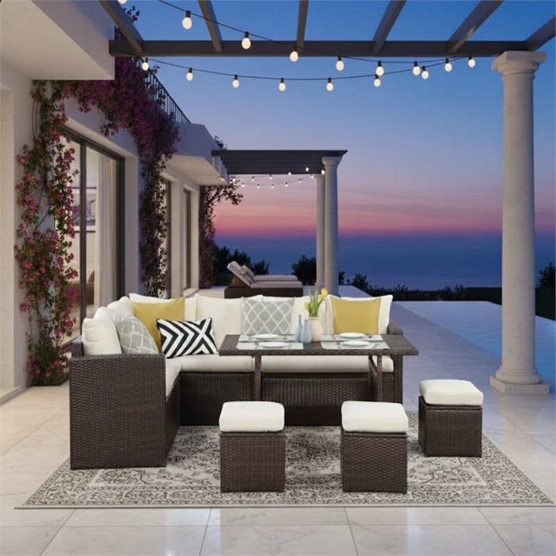 7 Piece Wicker Patio Dining Set 9-Seat Outdoor Sectional Ivory Cushions