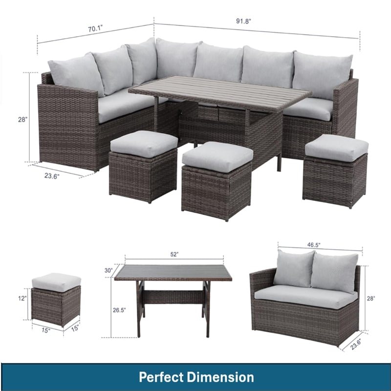 7 Piece Wicker Patio Dining Set 9-Seat Outdoor Sectional Gray Cushions Sofa