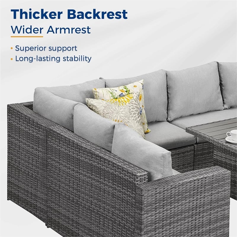 7 Piece Wicker Patio Dining Set 9-Seat Outdoor Sectional Gray Cushions Sofa