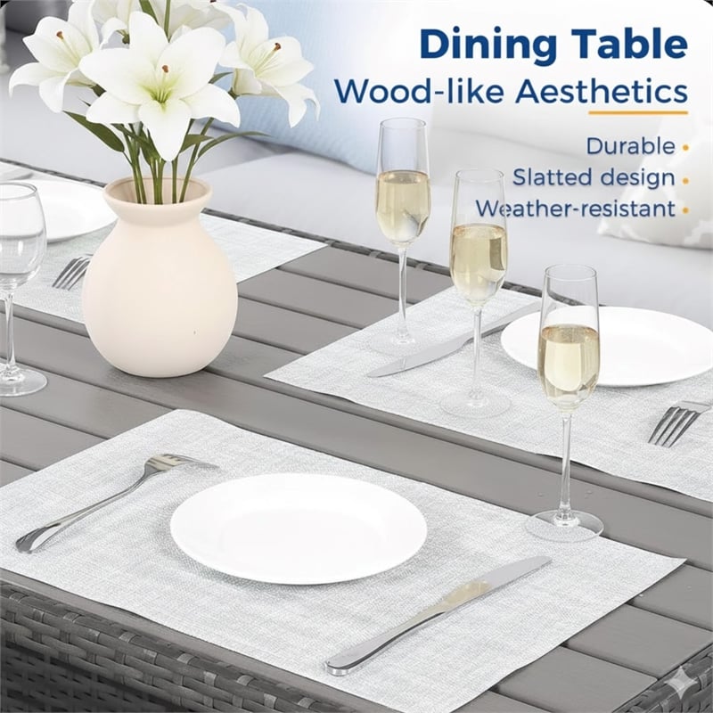 7 Piece Wicker Patio Dining Set 9-Seat Outdoor Sectional Gray Cushions Sofa
