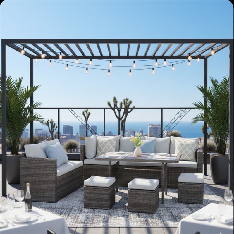 7 Piece Wicker Patio Dining Set 9-Seat Outdoor Sectional Gray Cushions Sofa