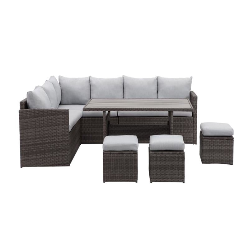 7 Piece Wicker Patio Dining Set 9-Seat Outdoor Sectional Gray Cushions Sofa