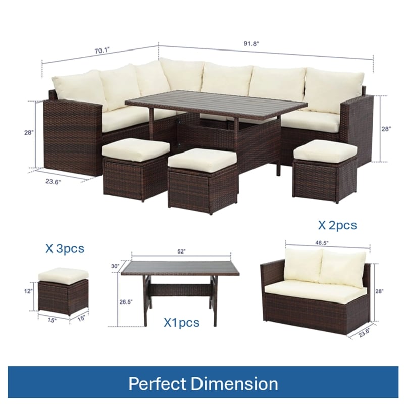 7 Piece Wicker Outdoor Dining Set - 9-Seat Outdoor Sectional Beige Cushions