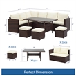 7 Piece Wicker Outdoor Dining Set - 9-Seat Outdoor Sectional Beige Cushions