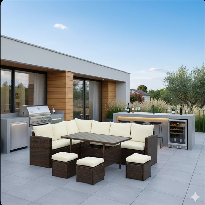 7 Piece Wicker Outdoor Dining Set - 9-Seat Outdoor Sectional Beige Cushions