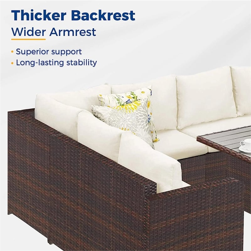 7 Piece Wicker Outdoor Dining Set - 9-Seat Outdoor Sectional Beige Cushions