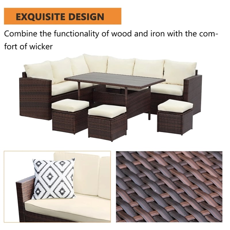 7 Piece Wicker Outdoor Dining Set - 9-Seat Outdoor Sectional Beige Cushions