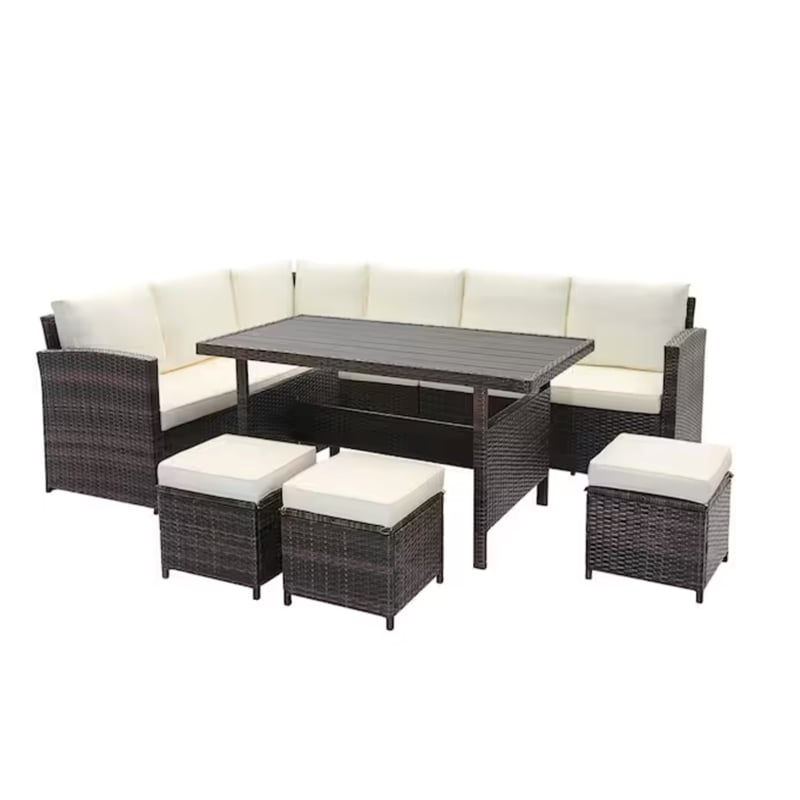 7 Piece Wicker Outdoor Dining Set - 9-Seat Outdoor Sectional Beige Cushions