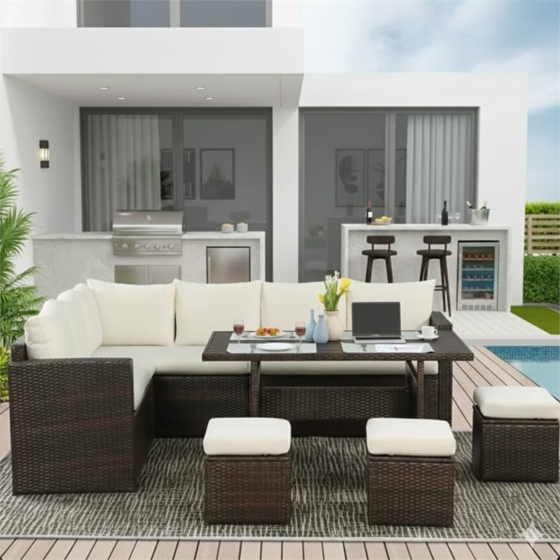 7 Piece Wicker Outdoor Dining Set - 9-Seat Outdoor Sectional Beige Cushions