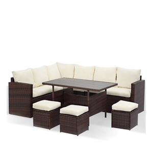 7 Piece Wicker Outdoor Dining Set - 9-Seat Outdoor Sectional Beige Cushions