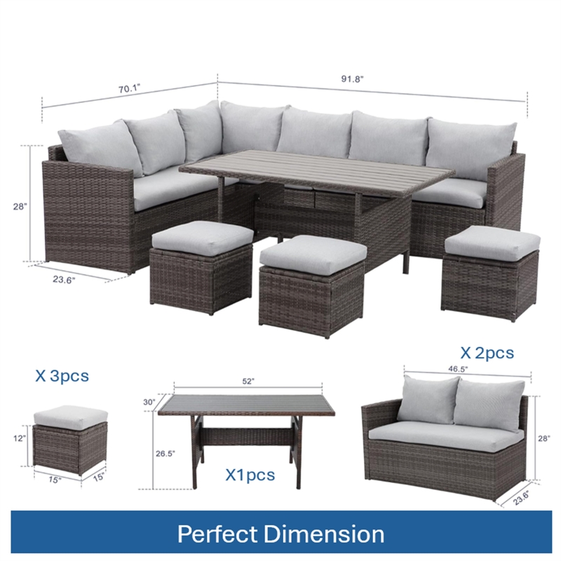 7 Piece Wicker Outdoor Dining Set - 9-Seat Outdoor Sectional Gray Cushions