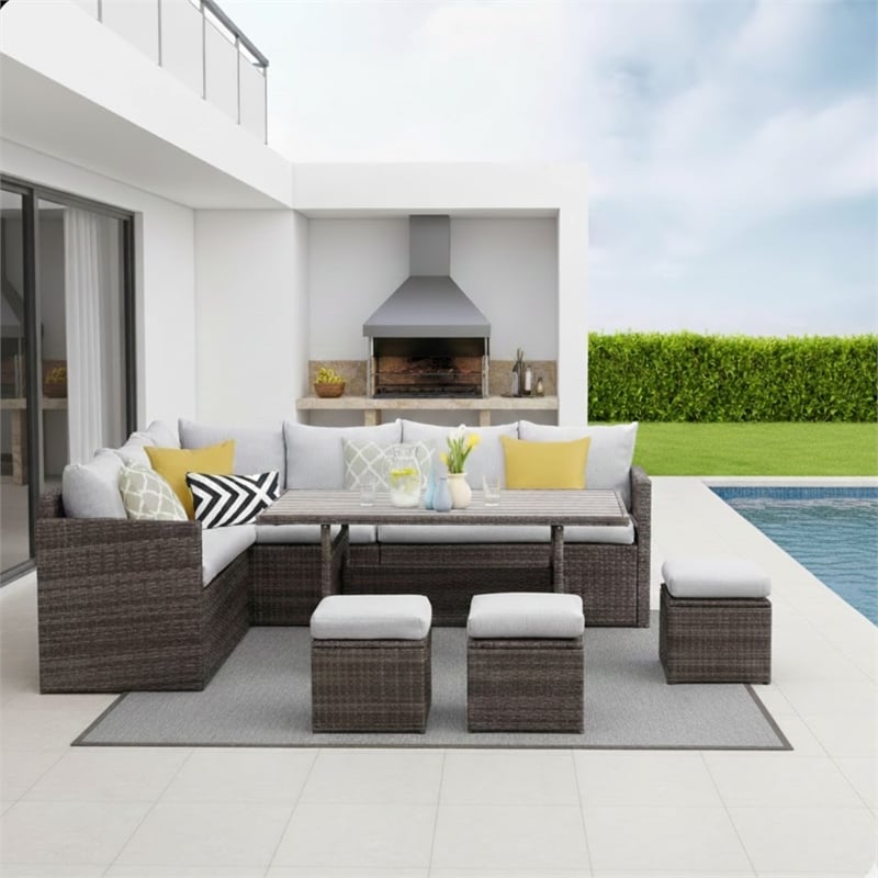 7 Piece Wicker Outdoor Dining Set - 9-Seat Outdoor Sectional Gray Cushions