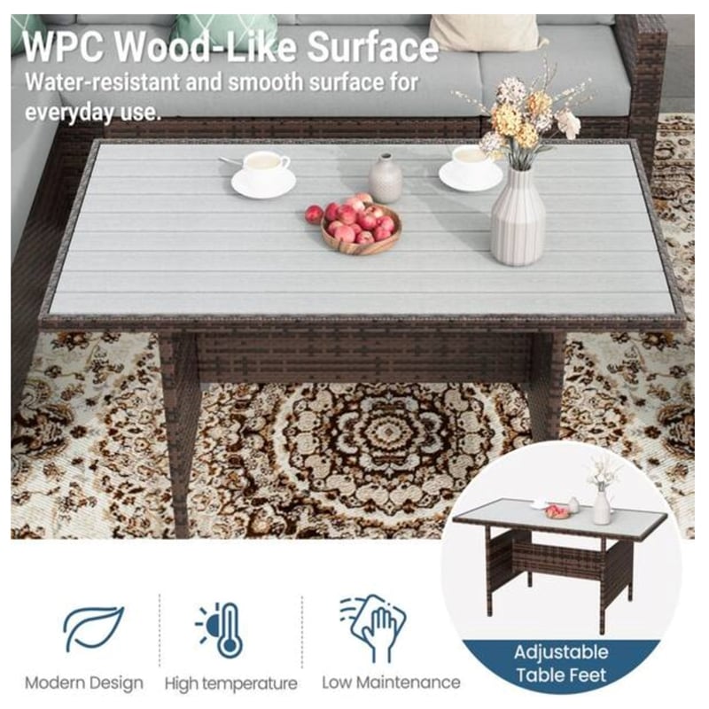 7 Piece Wicker Outdoor Dining Set - 9-Seat Outdoor Sectional Gray Cushions