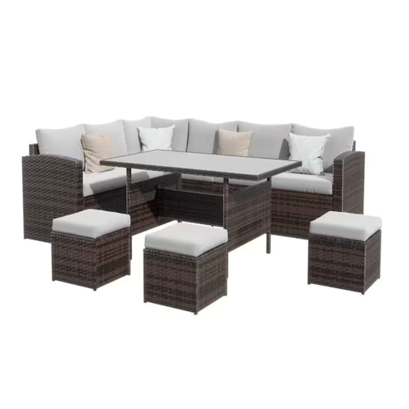 7 Piece Wicker Outdoor Dining Set - 9-Seat Outdoor Sectional Gray Cushions