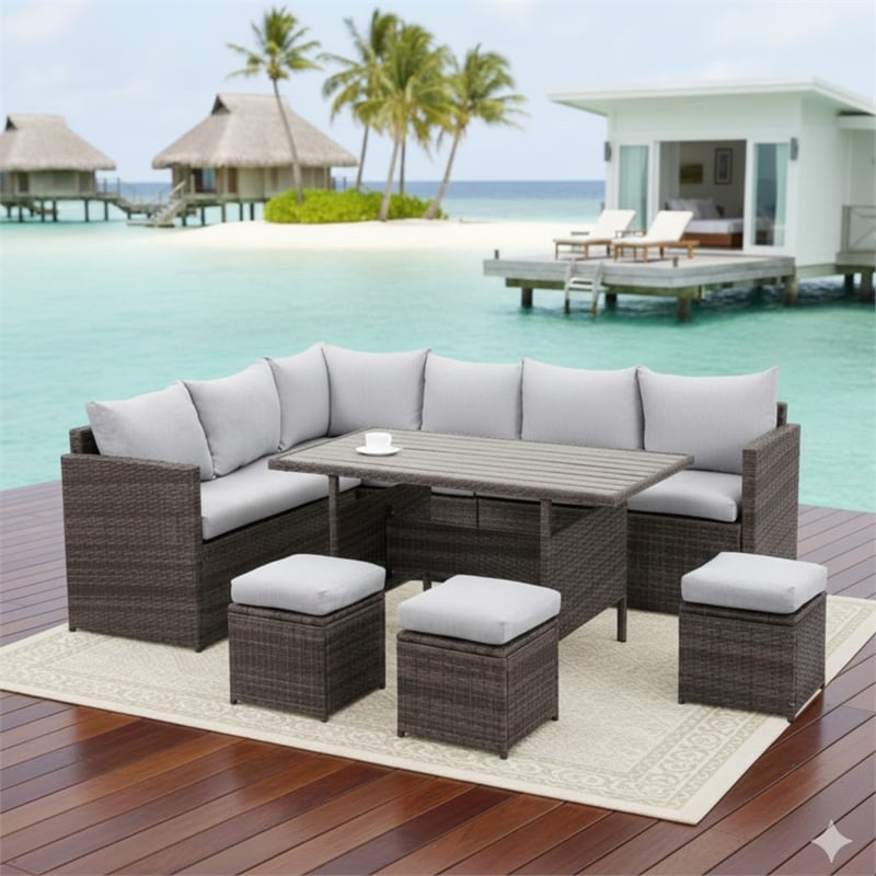 7 Piece Wicker Outdoor Dining Set - 9-Seat Outdoor Sectional Gray Cushions