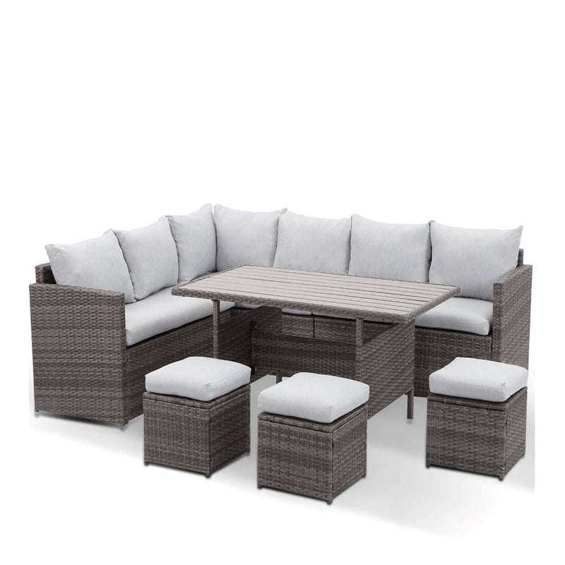 7 Piece Wicker Outdoor Dining Set - 9-Seat Outdoor Sectional Gray Cushions