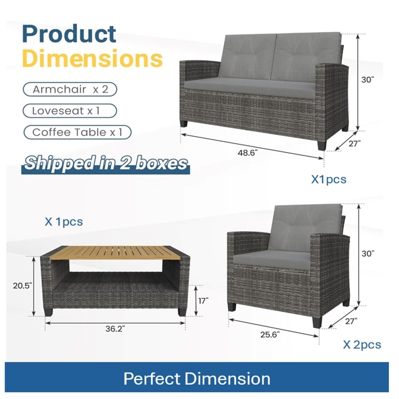 4-Piece All Weather Wicker Outdoor Patio Conversation Set - Gray Cushions