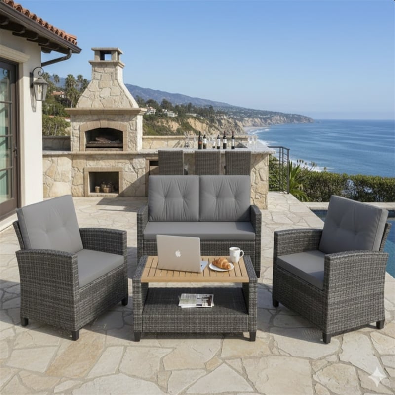 4-Piece All Weather Wicker Outdoor Patio Conversation Set - Gray Cushions