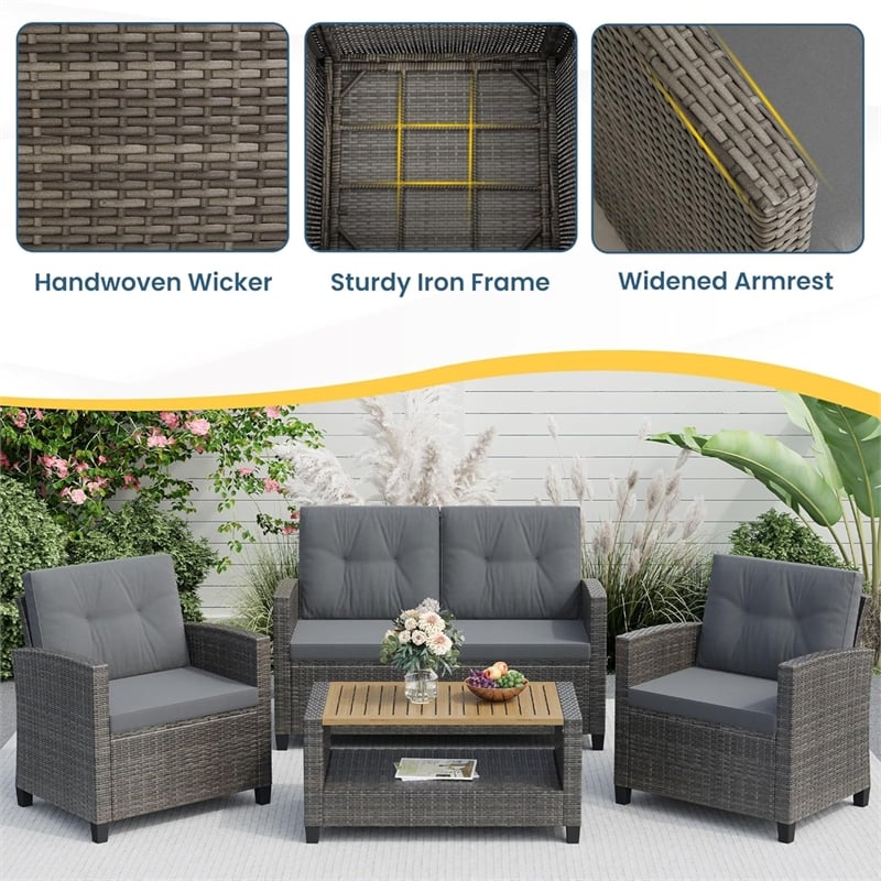 4-Piece All Weather Wicker Outdoor Patio Conversation Set - Gray Cushions