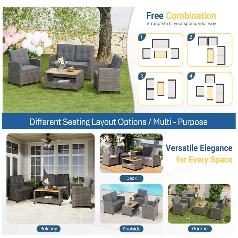 4-Piece All Weather Wicker Outdoor Patio Conversation Set - Gray Cushions
