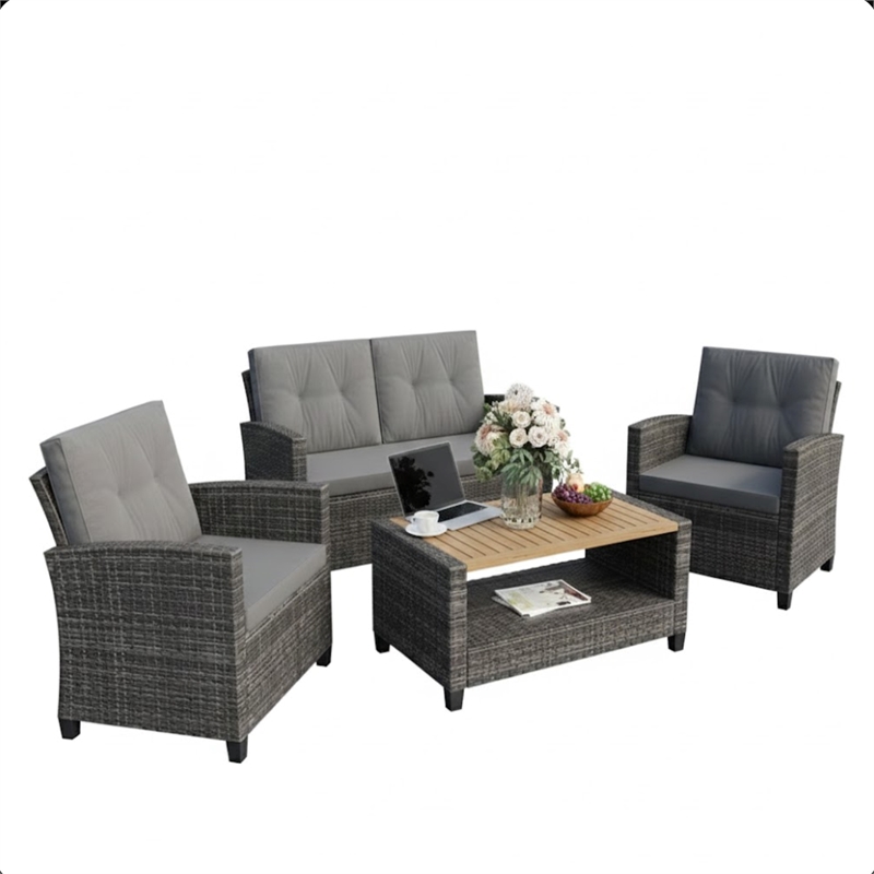4-Piece All Weather Wicker Outdoor Patio Conversation Set - Gray Cushions
