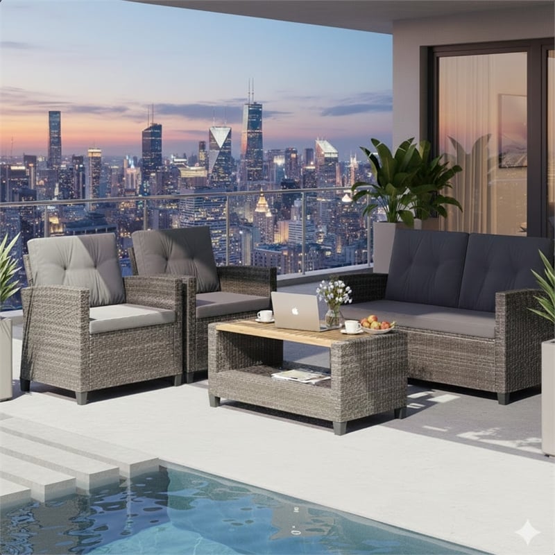 4-Piece All Weather Wicker Outdoor Patio Conversation Set - Gray Cushions