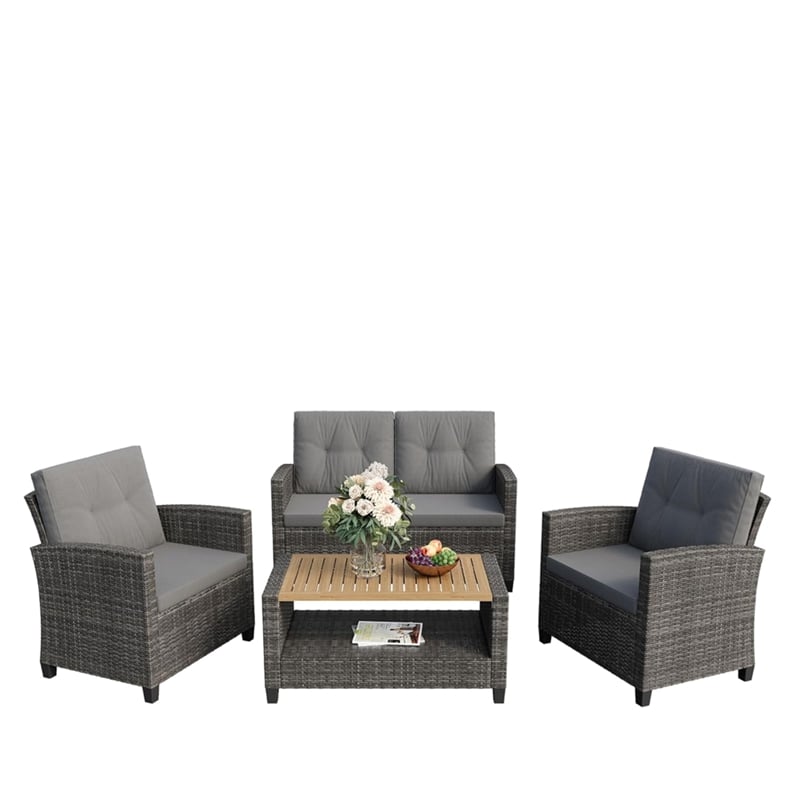 4-Piece All Weather Wicker Outdoor Patio Conversation Set - Gray Cushions