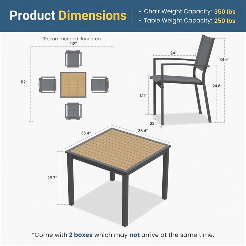 5-Piece Grey Patio Dining Set - 4-Seat All-Weather Heavy - Square Table