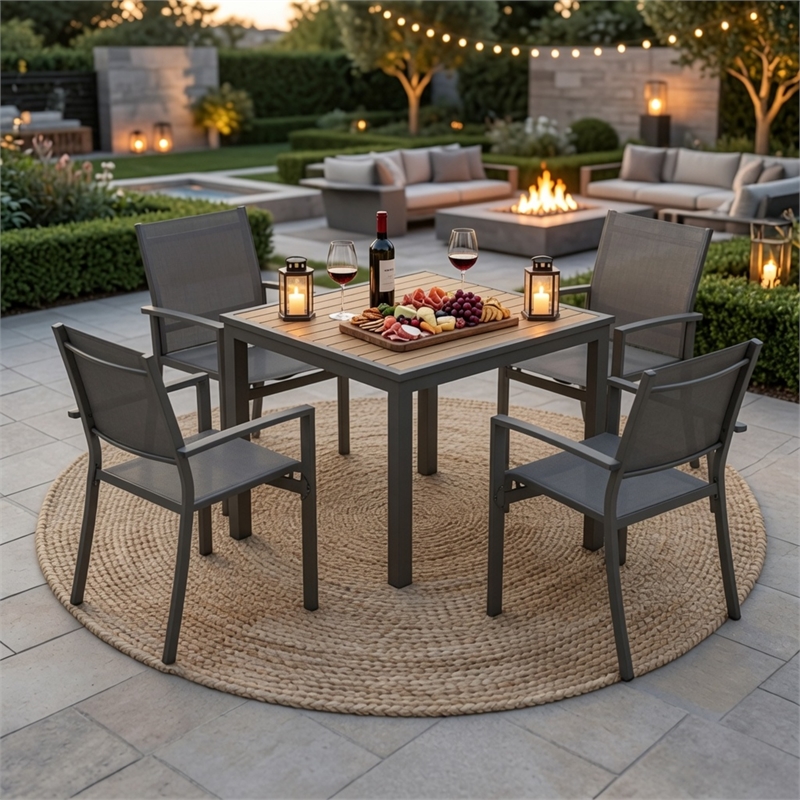 5-Piece Grey Patio Dining Set - 4-Seat All-Weather Heavy - Square Table