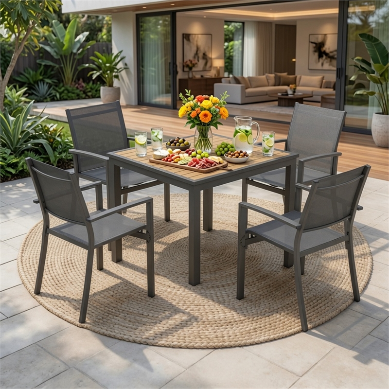 5-Piece Grey Patio Dining Set - 4-Seat All-Weather Heavy - Square Table