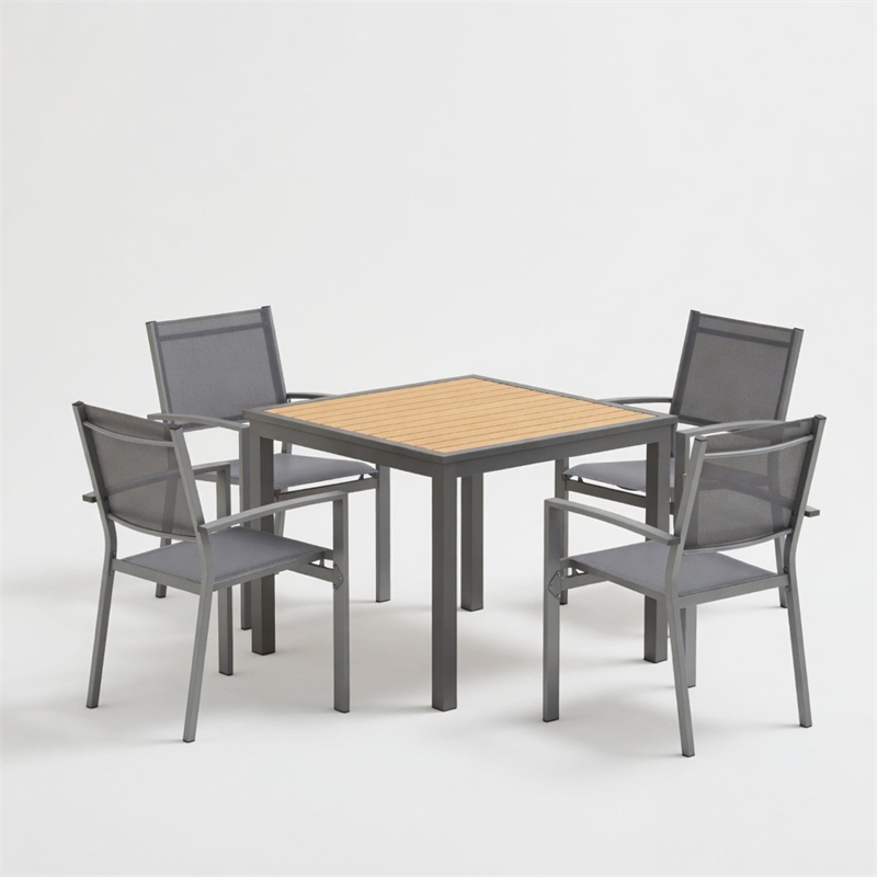 5-Piece Grey Patio Dining Set - 4-Seat All-Weather Heavy - Square Table