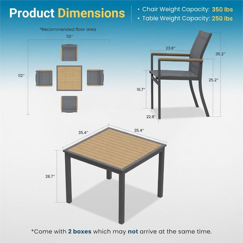 5-Piece Grey Aluminum Patio Dining Set - 4-Seat All-Weather - Square Table
