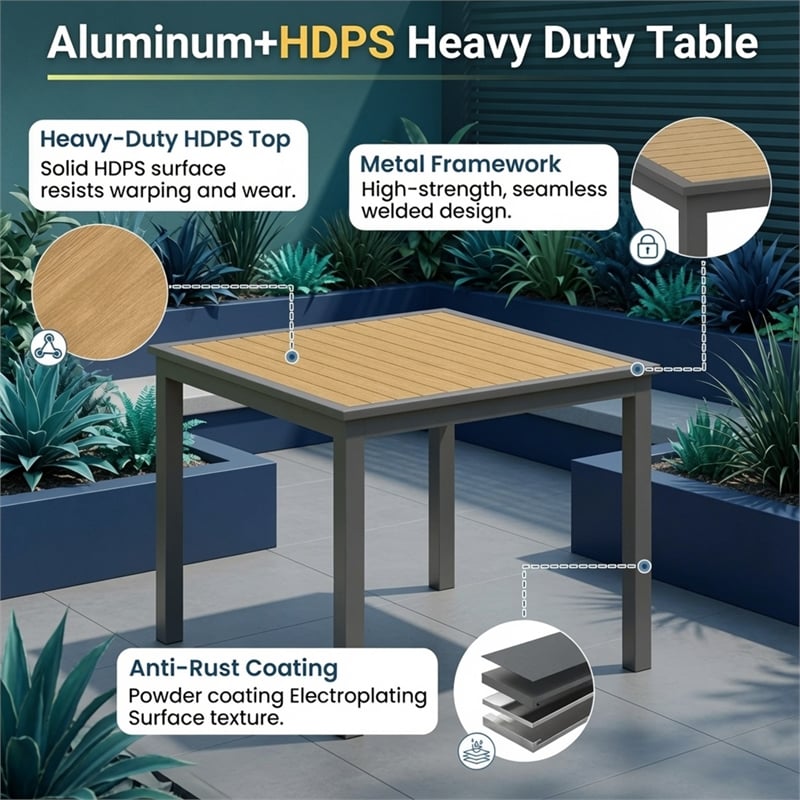 5-Piece Grey Aluminum Patio Dining Set - 4-Seat All-Weather - Square Table