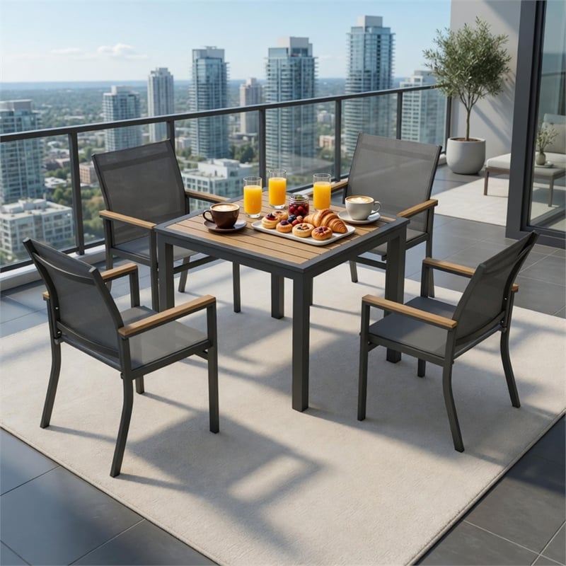 5-Piece Grey Aluminum Patio Dining Set - 4-Seat All-Weather - Square Table