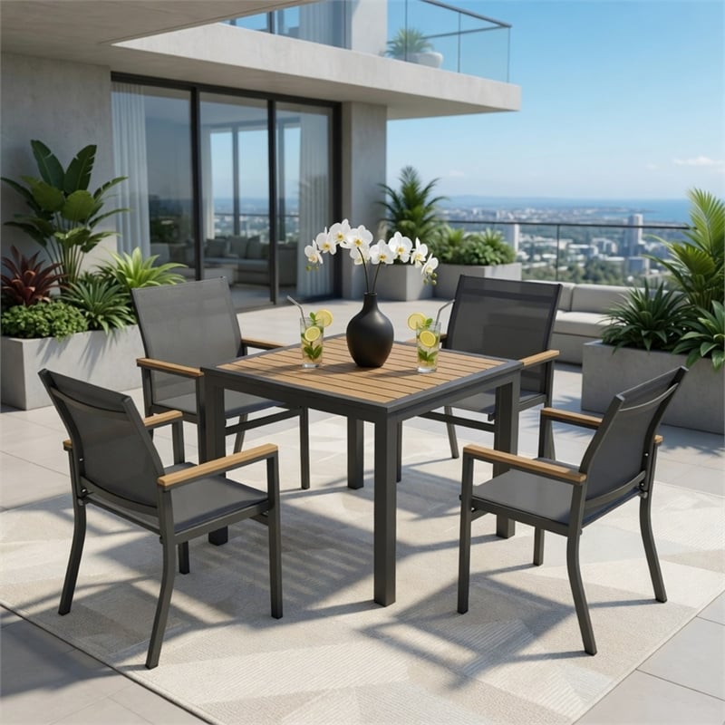 5-Piece Grey Aluminum Patio Dining Set - 4-Seat All-Weather - Square Table