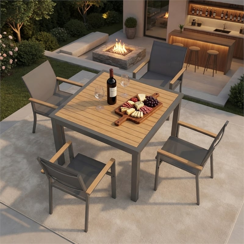5-Piece Grey Aluminum Patio Dining Set - 4-Seat All-Weather - Square Table