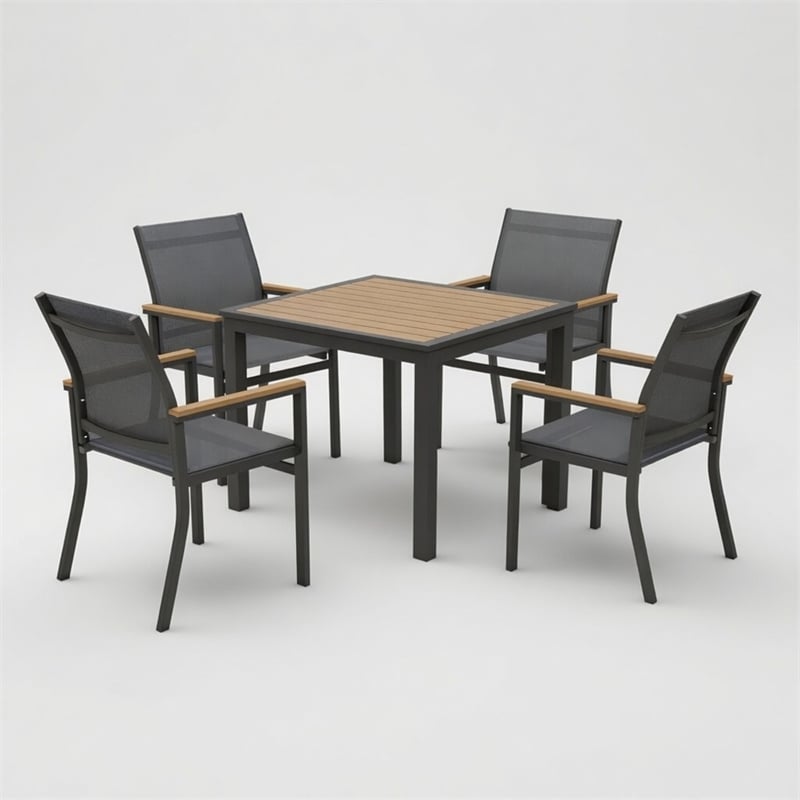 5-Piece Grey Aluminum Patio Dining Set - 4-Seat All-Weather - Square Table