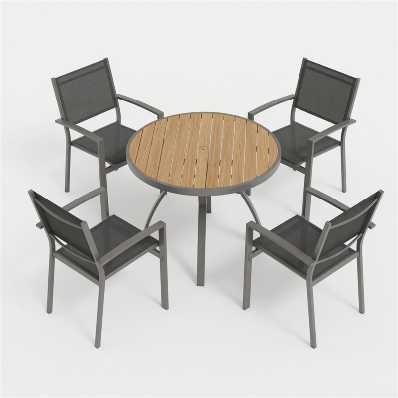 5-Piece Grey Patio Dining Set - 4-Seat All-Weather Heavy Duty - Round Table