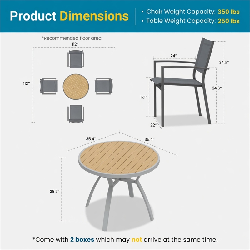 5-Piece Grey Patio Dining Set - 4-Seat All-Weather Heavy Duty - Round Table